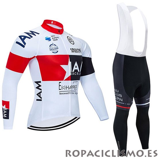 2020 Maillot IAM Tirantes Mangas Largas Blanco Rojo Negro