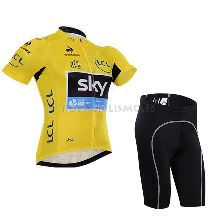 2015 Maillot Tour de France Lider Sky mangas cortas Amarillo