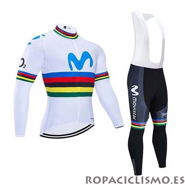 2020 Maillot UCI Mundo Campeon Movistar Tirantes Mangas Largas Blanco Azul