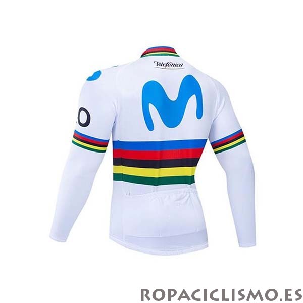 2020 Maillot UCI Mundo Campeon Movistar Tirantes Mangas Largas Blanco Azul
